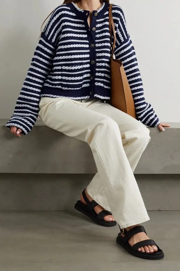 La Ligne Gabrielle Braided Wool Cardigan Navy White Striped M